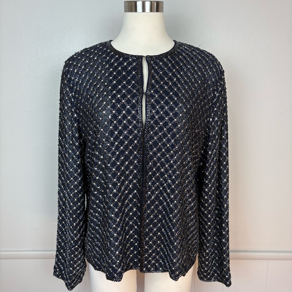 Doncaster Navy Silver Beaded Silk Formal Long Sleeve Collarless Jacket Size 12
